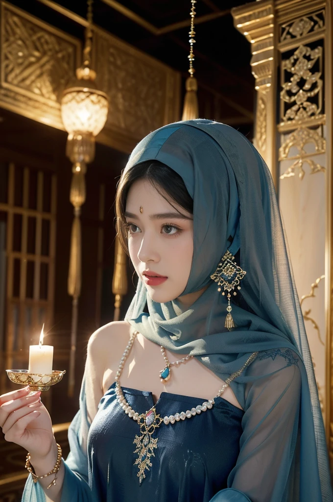 (((best quality))),(((ultra detailed))),(((masterpiece))),illustration,((1girl,Arabian dancer,solo)),(blue hijab:1.3),((slim,thin)),((small breasts,flat chest)),((earrings,necklace)),((pearls,jewels,gemstones)),(night scene:1.3),(standing:1.3),(in luxurious palace:1.3),(indoor:1.3),(gorgeous embroidered blue sheer abaya:1.3),intricate patterns,((Arabian theme,Middle Eastern culture)),(shoulder length straight hair:1.2),(sheer veil on face:1.3),mystery, ornate furnishings, decorations, enchantment, magic, Persian magic carpet,night sky, floating,flame, fulfillment of desires,romance,One Thousand and One Nights, coherent narrative, dreamlike atmosphere, deep emotions, graceful movements, passion, face beneath the veil, beloved's dream, timeless beauty, enchantment,magical world, wondrous journey,((from front,upper body))
