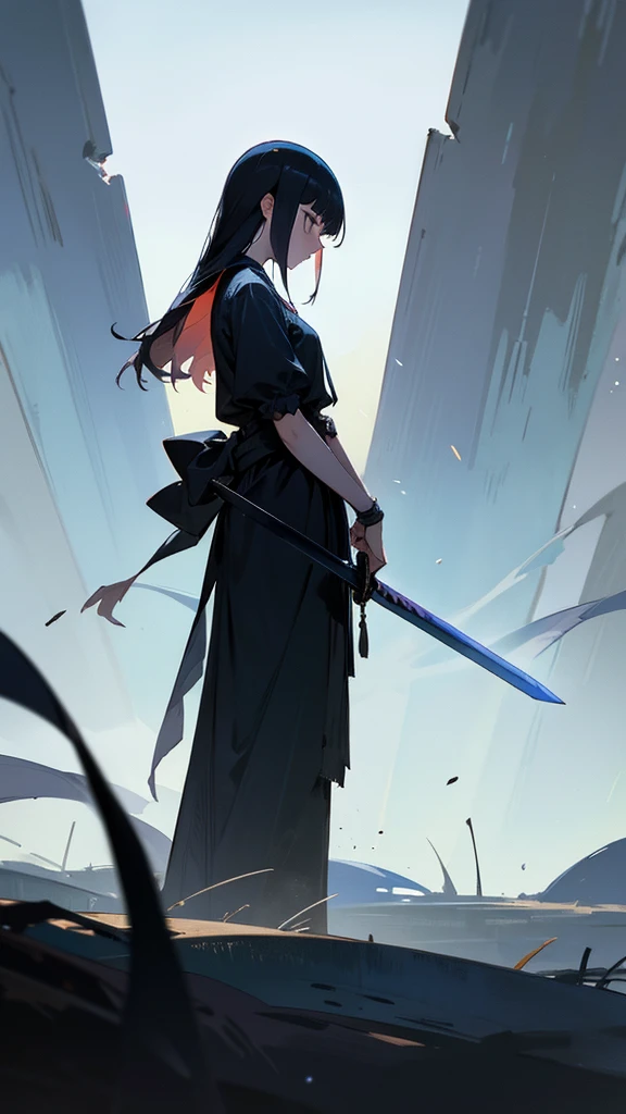 A sad girl stands in full height in profile in the distance with her head bowed and clutches a sword in her left hand