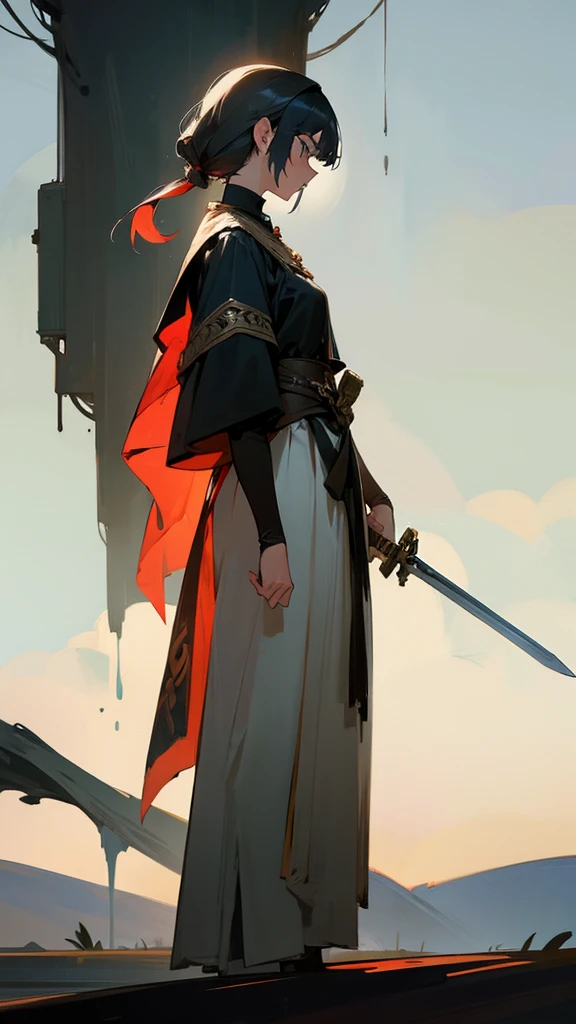 A sad girl stands in full height in profile in the distance with her head bowed and clutches a sword in her left hand