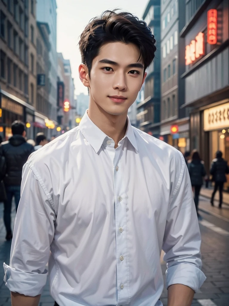 ((Top Quality、masterpiece、photographrealistic:1.4、in 8K))、1 Handsome chinese slim guy, 20 years old, Hair combed smoothly、Well-formed face、Handsome nose、detailed eyes and face、beautiful lighting、(Man walking on a city street)、textured skin、super detaill、hoog detail、High Quality、Hight Resolution、(looking looking at viewer)、detailed mouth、A Smile、s whole body:1.3