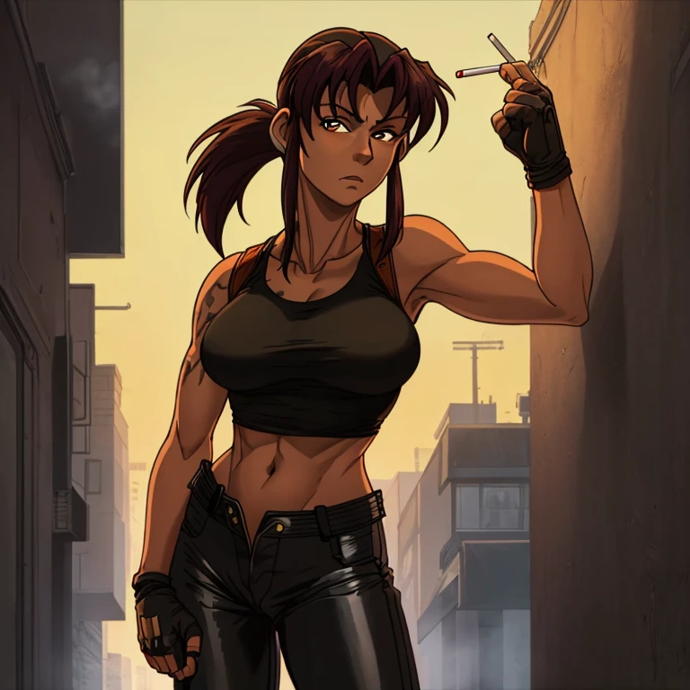 (masterpiece, highest quality:1.2), solo, 1girl, revy, 45-year-old, mature woman, milf, Slim and strong figure , Flat stomach, expressionless, looking at viewer, ponytail, (Wearing: red tank top, fingerless gloves, black leather pants), holding a cigarette, city street, standing, leaning up against a wall
