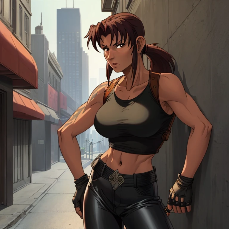 (masterpiece, highest quality:1.2), solo, 1girl, revy, 45-year-old, mature woman, milf, Slim and strong figure , Flat stomach, expressionless, looking at viewer, ponytail, (Wearing: red tank top, fingerless gloves, black leather pants), holding a cigarette, city street, standing, leaning up against a wall
