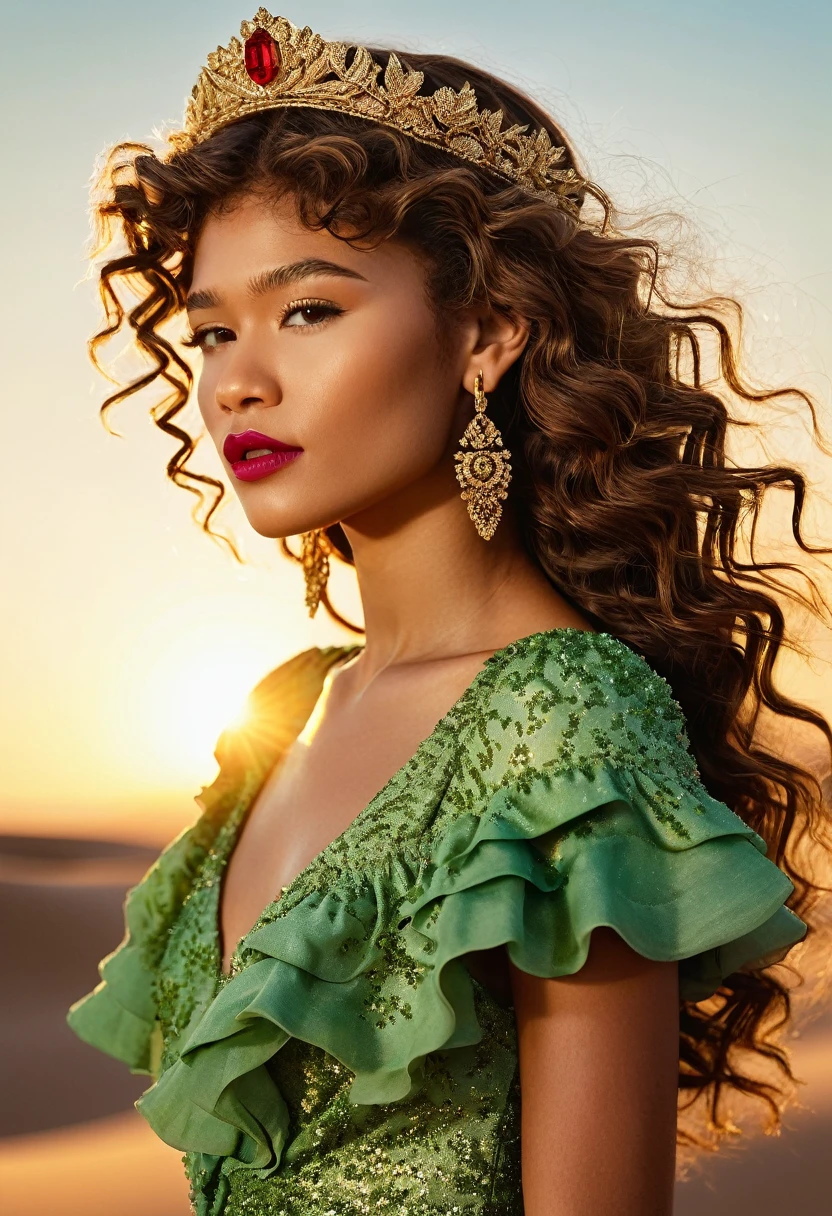 Zendaya undercover, with brown skin and long, curly waist-length brown hair, wearing a Swiss grass green dress with flowing ruffle details, reflecting the setting sun's light. She has a floral tiara with red, white, green, and pink flowers, bold red lipstick, and golden hoop earrings. The backdrop is a desert with rolling dunes, blue sky, and the setting sun painting the sands with amber and gold tones, highlighting her silhouette. She is in profile, partially turning her back to the right side but looking at the camera, in a realistic and professional style like a magazine photoshoot. Very similar to Zendaya 