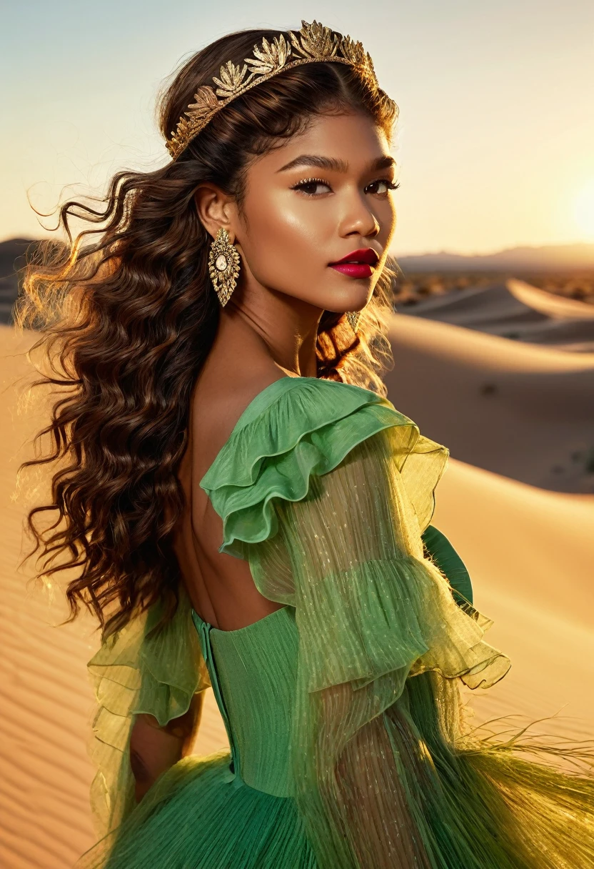 Zendaya undercover, with brown skin and long, curly waist-length brown hair, wearing a Swiss grass green dress with flowing ruffle details, reflecting the setting sun's light. She has a floral tiara with red, white, green, and pink flowers, bold red lipstick, and golden hoop earrings. The backdrop is a desert with rolling dunes, blue sky, and the setting sun painting the sands with amber and gold tones, highlighting her silhouette. She is in profile, partially turning her back to the right side but looking at the camera, in a realistic and professional style like a magazine photoshoot. Very similar to Zendaya 