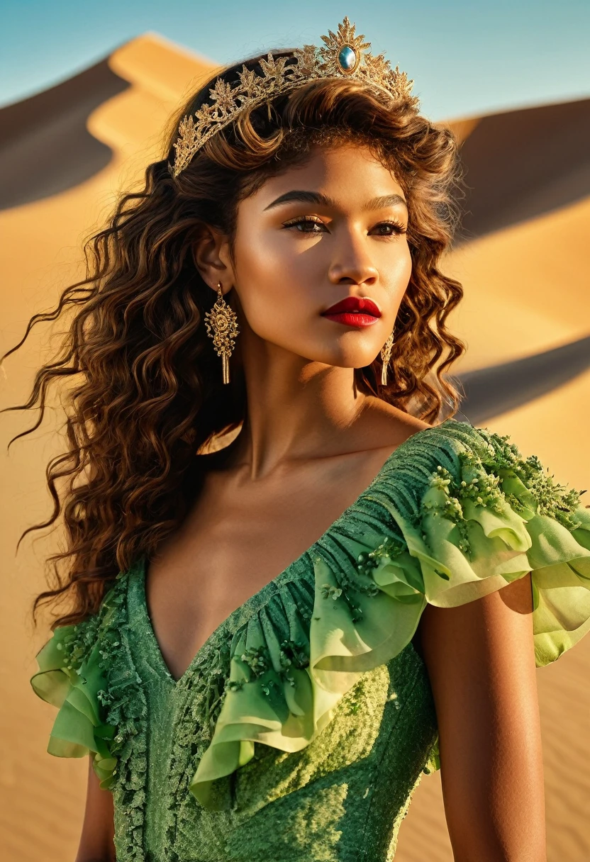 Zendaya undercover, with brown skin and long, curly waist-length brown hair, wearing a Swiss grass green dress with flowing ruffle details, reflecting the setting sun's light. She has a floral tiara with red, white, green, and pink flowers, bold red lipstick, and golden hoop earrings. The backdrop is a desert with rolling dunes, blue sky, and the setting sun painting the sands with amber and gold tones, highlighting her silhouette. She is in profile, partially turning her back to the right side but looking at the camera, in a realistic and professional style like a magazine photoshoot. Very similar to Zendaya 