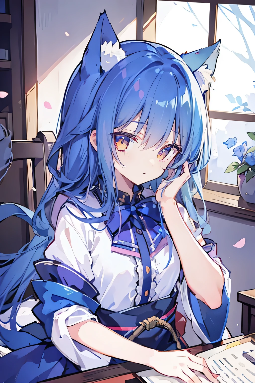 (Masterpiece:1.2),Ultra-detailed,lifelike,The eyes are expressive,Fair skin,Perfect face shape,1 girl,Japanese Manga,Gorgeous blue hair,Flowing blue hair,Flowing clothes,Cat ears,Petals falling,Shy face,sitting on window,Place your hand on your lips.