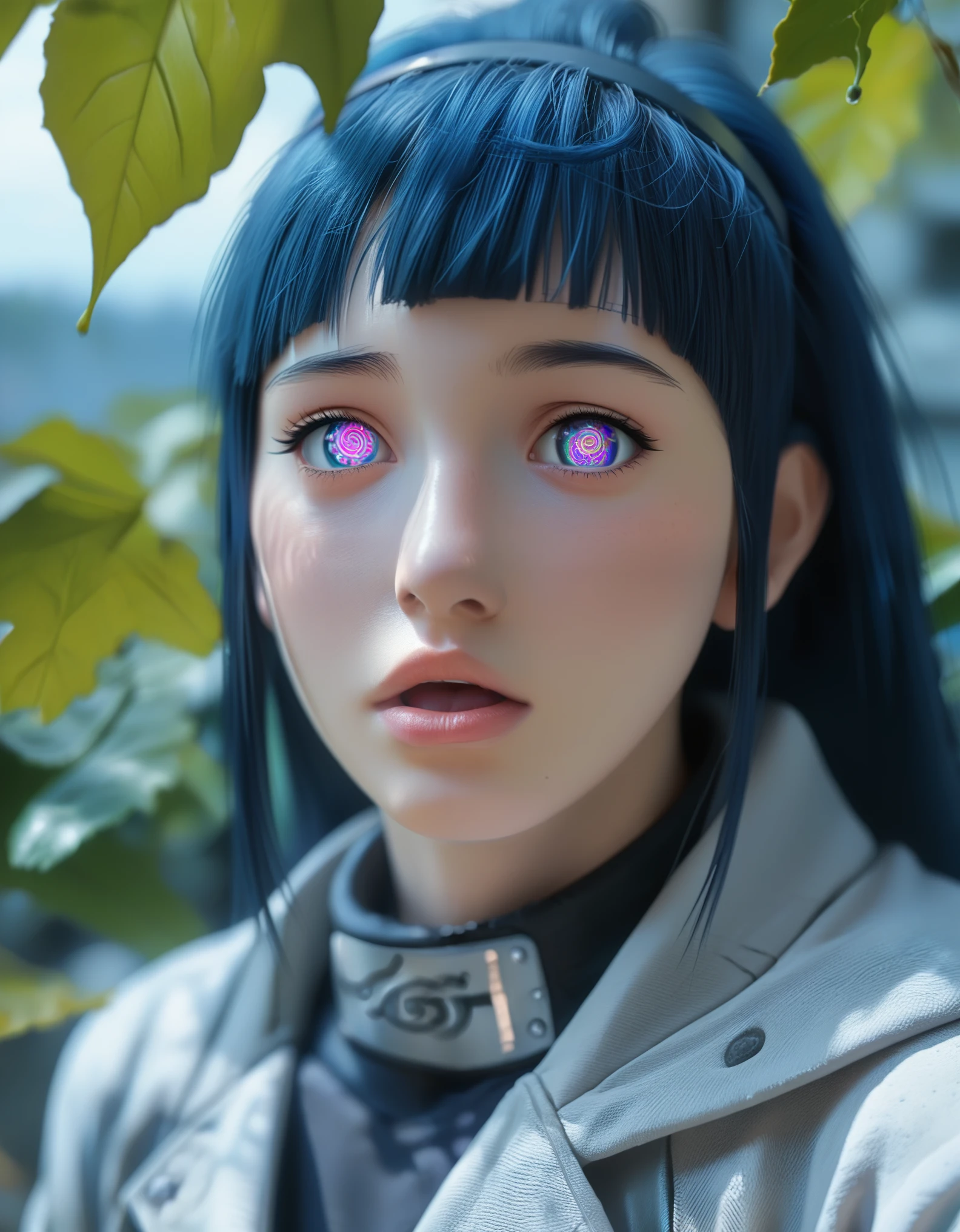 Digital artwork featuring a young woman Hinata with long, flowing dark blue hair and fair skin. She has large, expressive lavender eyes and a slightly open mouth, giving her a thoughtful expression. She is wearing a light grey jacket over a black mesh top, and a metal headband with a spiral symbol on it. The background is a soft blend of blue and white, with green leaves floating around her. The artist's signature is present in the bottom left corner, in a blue font: 'ART(C)SAKIMICHAN.DEVIANTART. anime, anatomically correct, super detailed, high quality, 4K, high details, super detailed, 4k