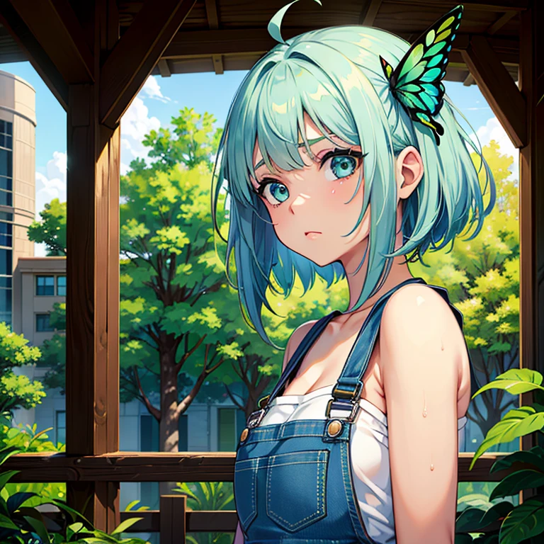 ((One Girl)), Green Hair、Short Bob、Light blue eyes、Hair blowing in the wind、Big Ahoge、Narrow eyes、(butterfly hair accessories)、((Brown skin))、17 years old、Blue Overalls、look back、Only the upper body is visible、A pleading face、Sweat on the face