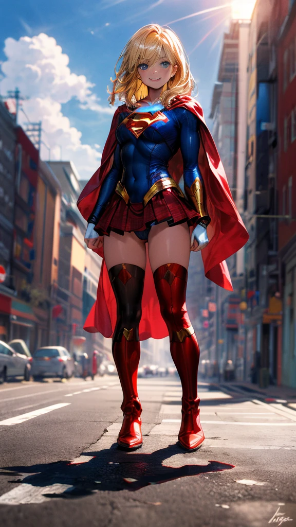 masterpiece, 4K, 8k, high quality, Very detailed, Detailed face, High resolution, Vibrant colors, Natural light, Best Shadow, Shallow depth of field, Portraiture (Supergirl:1.1) standing on a roof, smile, Red Skirt, Red Cape, red boots with heels, delicate, Captivating blue eyes, Nice medium sized , blonde, (Superman symbol on chest:1.2), barefoot, blue sky, sunlight, cloud, sun, bloom,((Detailed depiction of pantiest of her from below、Dynamic posture、only、High Kick、Attacking with the feet、Superperspective、Wide Shot、shortening、Combat Stance