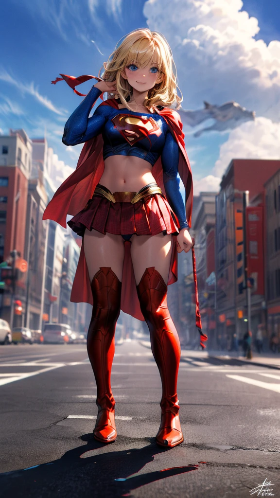 masterpiece, 4K, 8k, high quality, Very detailed, Detailed face, High resolution, Vibrant colors, Natural light, Best Shadow, Shallow depth of field, Portraiture (Supergirl:1.1) standing on a roof, smile, Red Skirt, Red Cape, red boots with heels, delicate, Captivating blue eyes, Nice medium sized breasts, blonde, (Superman symbol on chest:1.2), barefoot, blue sky, sunlight, cloud, sun, bloom,((Detailed depiction of panties)))、Shot of her from below、Dynamic posture、only、High Kick、Attacking with the feet、Superperspective、Wide Shot、shortening、Combat Stance