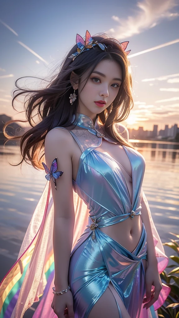 8K, ultra hd, masterpiece, hd colors, 1 girl, perfect face, very long curly hair, detailed eyes, detailed dress, ((rainbow dress)), stocking, flower lace, ((mesh ribbon)), sardine, straps, net clothing, loops, ((flowing cape)), bare navel, jwellery, waterside, Realistic scenery, epic scenery, sun rising, night, clouds, Butterfly, blossom, blowing wind, perfect pose, ray tracing, bloom, upper body,