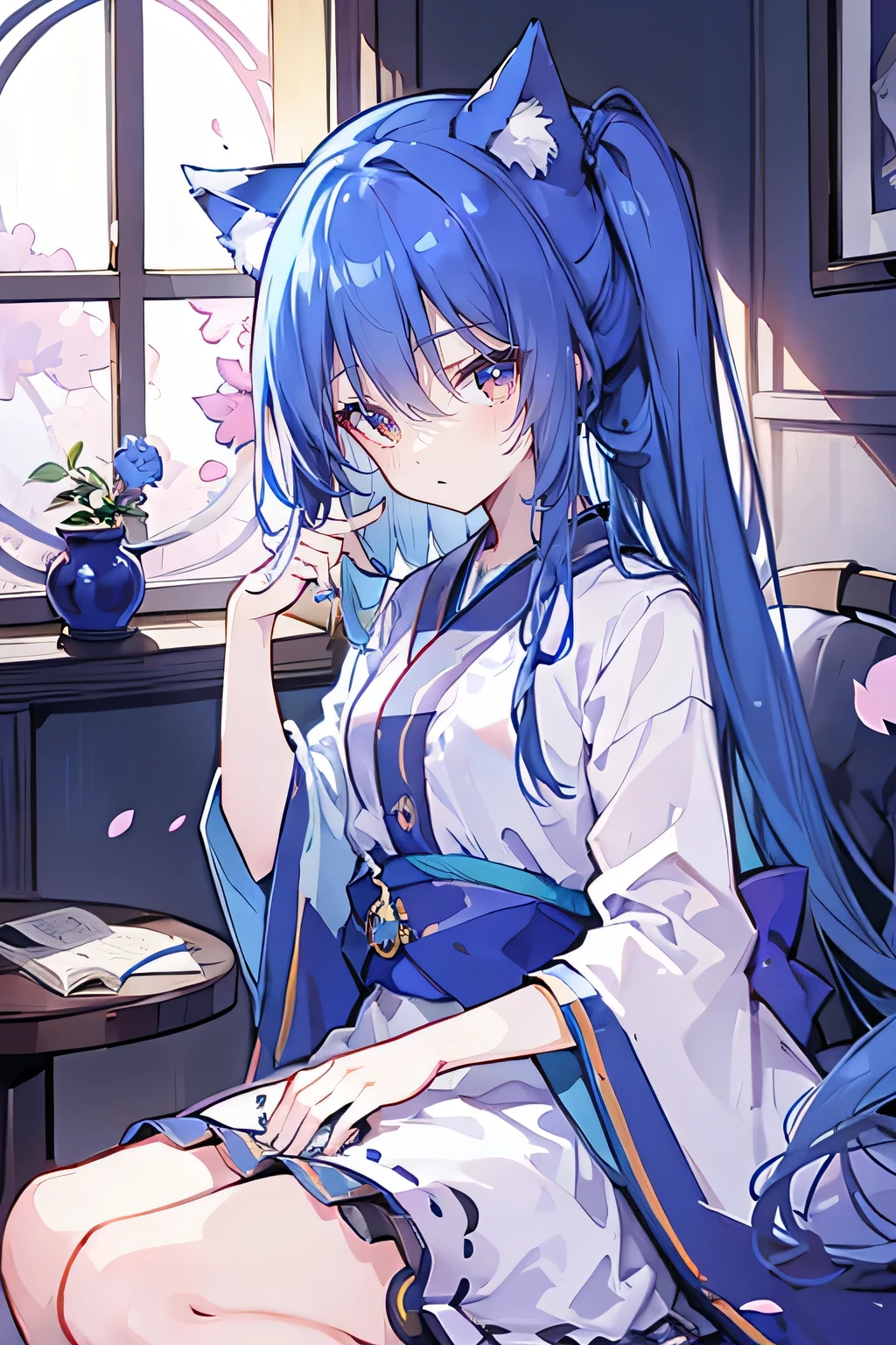 (Masterpiece:1.2)，Ultra-detailed，lifelike，The eyes are expressive，Fair skin，Perfect face shape，1 girl，Japanese Manga，Gorgeous blue hair，Flowing blue hair，Flowing clothes，Cat ears，Petals falling，Shy face，sitting on window，Place your hand on your lips.