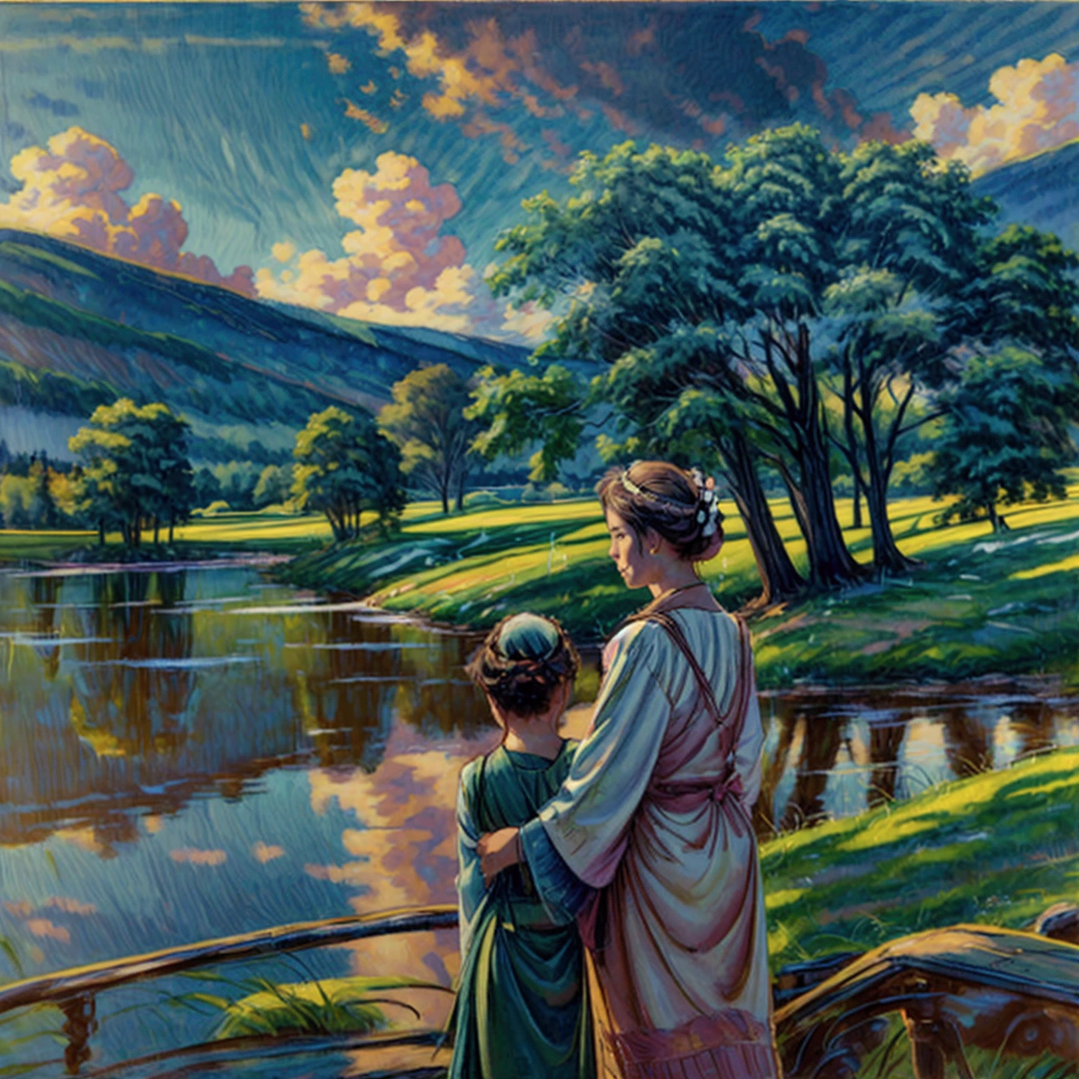 A loving couple stands in a serene lake, surrounded by a vast, green grass field. They gaze into each other's eyes, sharing an intimate and tender moment. The photograph is captured with a wide perspective, giving a sense of distance and grandeur, yet the camera focuses sharply on them, making the surrounding landscape slightly blurry. The couple's clear and detailed depiction contrasts with the soft, oil or watercolor-like effect on the grass and trees. The sky is clear and expansive, with beautiful clouds adding to the scenic atmosphere. The overall image is breathtakingly scenic, with an emphasis on the natural beauty of the landscape and the couple's connection. The photograph is rendered in ultra-high-definition, 16k resolution, ensuring every detail is crisp and vivid, making it the best and most stunning image possible.