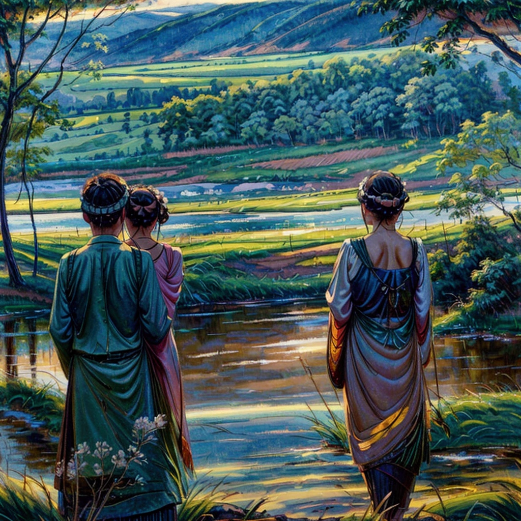 A loving couple stands in a serene lake, surrounded by a vast, green grass field. They gaze into each other's eyes, sharing an intimate and tender moment. The photograph is captured with a wide perspective, giving a sense of distance and grandeur, yet the camera focuses sharply on them, making the surrounding landscape slightly blurry. The couple's clear and detailed depiction contrasts with the soft, oil or watercolor-like effect on the grass and trees. The sky is clear and expansive, with beautiful clouds adding to the scenic atmosphere. The overall image is breathtakingly scenic, with an emphasis on the natural beauty of the landscape and the couple's connection. The photograph is rendered in ultra-high-definition, 16k resolution, ensuring every detail is crisp and vivid, making it the best and most stunning image possible.
