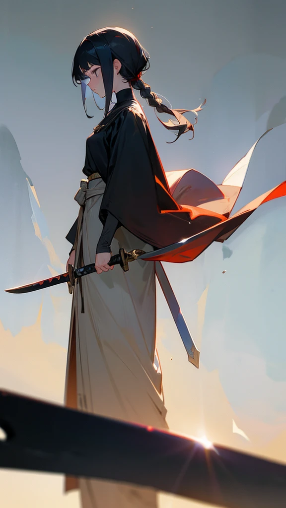 A sad girl stands in full height in profile in the distance with her head bowed and clutches a sword in her hand pulled back