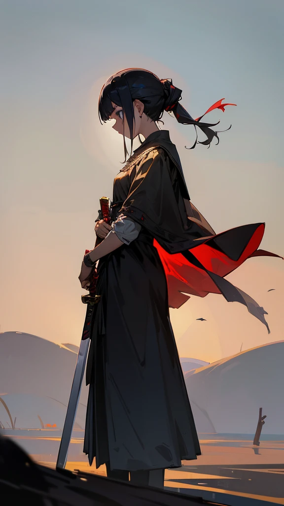 A sad girl stands in full height in profile in the distance with her head bowed and clutches a sword in her hand pulled back