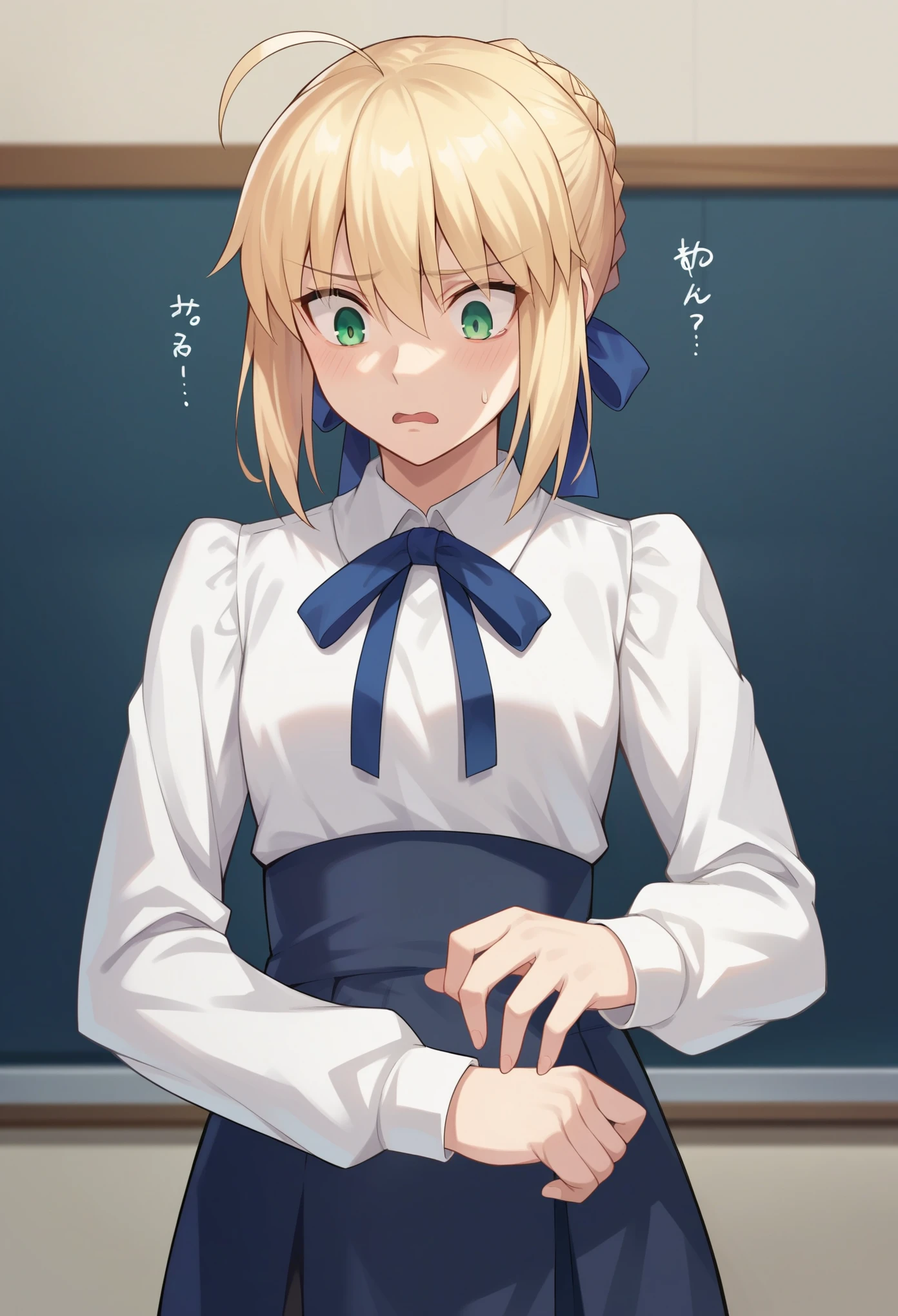 score_9,score_8_up,score_7_up, 1girl, solo, flat chest, character: artoria_pendragon_(fate), character: saber_(fate), green_eyes, hair_between_eyes, blonde_hair, short_hair, single_hair_bun, ahoge, braid, braided_bun, hair_bun, hair_ribbon, sidelocks, shirt, white_shirt, blue_ribbon, long_sleeves, ribbon, black pantyhoses, shocking, shocked face, stiff hands, standing, , looking down, indoor, bedroom