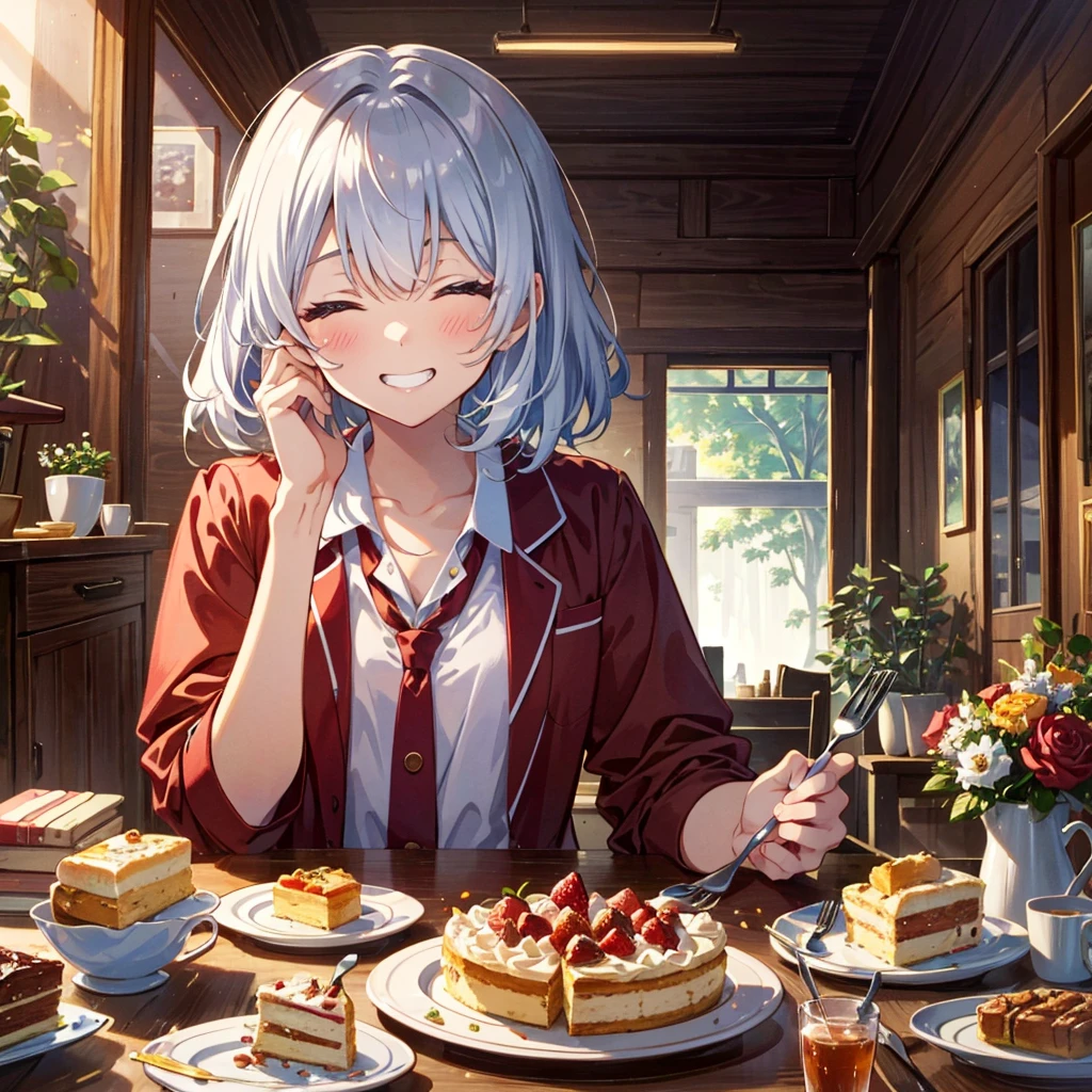 masterpiece, high resolution, hyper detailed, best quality, absurdres, hires, ultra detailed, best quality, high quality, ideal ratio body proportions, (extremely detailed hair and eyes), nice hands, perfect hands, perfect anatomy, (beautiful illustration:1.3)
BREAK
1girl, official art, 10yo, very cute girl, kawaii, shiny skin, round face, shiny silver hair, medium hair, closed eyes, blush, grin smug
BREAK
upper body, pajamas, hands up, (holding fork), sitting on chair, (A wide variety of sweets on the table), various sweets, delicious sweets, cakes, pov across table, from front
BREAK
detailed scenery, sense of depth, morning, indoors, living room, beautiful lighting, rim ight,
