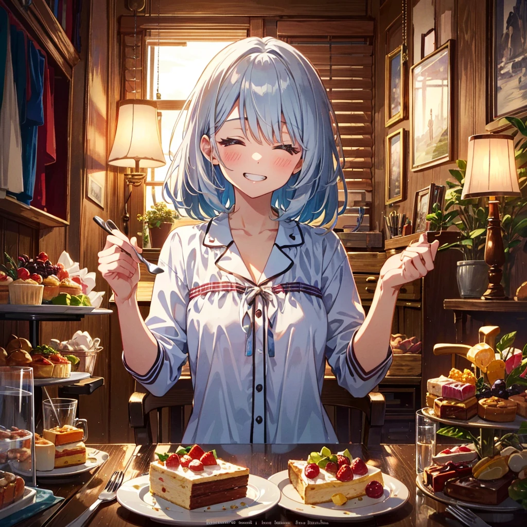 masterpiece, high resolution, hyper detailed, best quality, absurdres, hires, ultra detailed, best quality, high quality, ideal ratio body proportions, (extremely detailed hair and eyes), nice hands, perfect hands, perfect anatomy, (beautiful illustration:1.3)
BREAK
1girl, official art, 10yo, very cute girl, kawaii, shiny skin, round face, shiny silver hair, medium hair, closed eyes, blush, grin smug
BREAK
upper body, pajamas, hands up, (holding fork), sitting on chair, (A wide variety of sweets on the table), various sweets, delicious sweets, cakes, pov across table, from front
BREAK
detailed scenery, sense of depth, morning, indoors, living room, beautiful lighting, rim ight,
