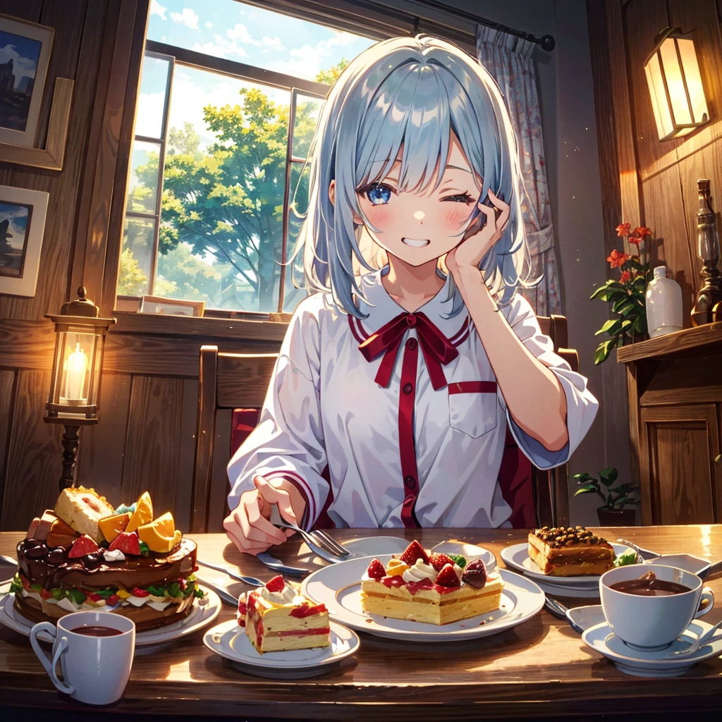 masterpiece, high resolution, hyper detailed, best quality, absurdres, hires, ultra detailed, best quality, high quality, ideal ratio body proportions, (extremely detailed hair and eyes), nice hands, perfect hands, perfect anatomy, (beautiful illustration:1.3)
BREAK
1girl, official art, , very cute girl, kawaii, shiny skin, round face, shiny silver hair, medium hair, closed eyes, blush, grin smug
BREAK
upper body, pajamas, hands up, (holding fork), sitting on chair, (A wide variety of sweets on the table), various sweets, delicious sweets, cakes, pov across table, from front
BREAK
detailed scenery, sense of depth, morning, indoors, living room, beautiful lighting, rim ight,