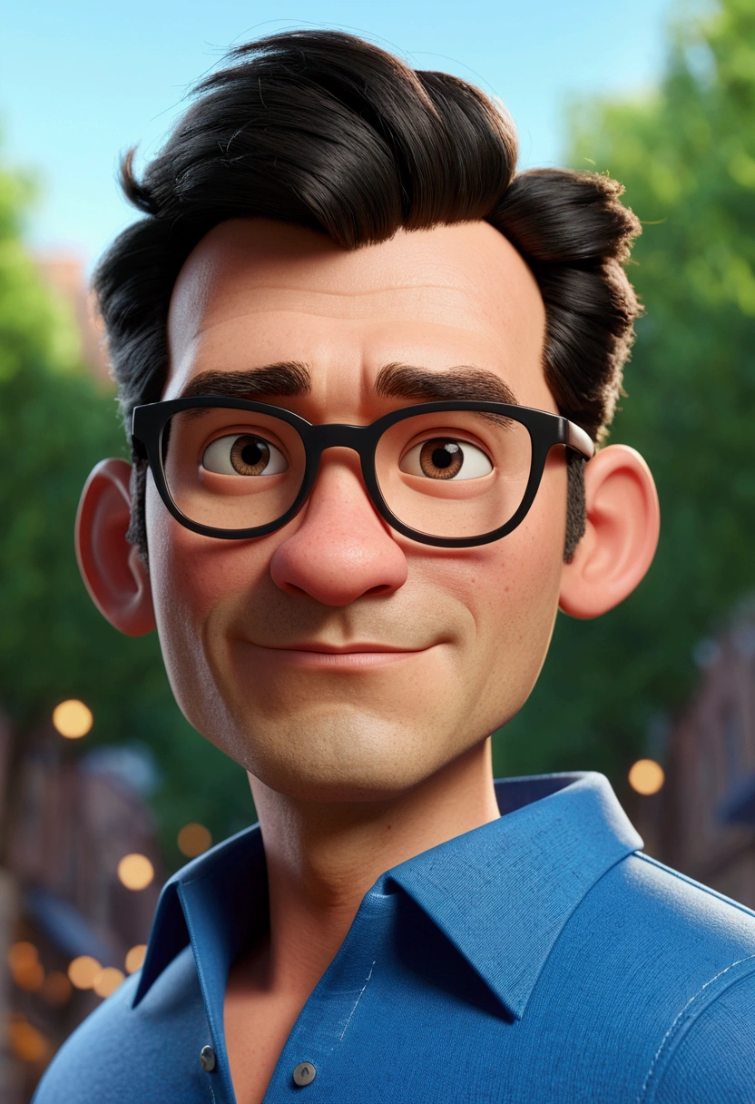 Cartoon character of a man in black glasses and blue shirt, animation character, stylized character, animation style rendering, 3d stylized, Arnold Maya rendering, Stylized 3D rendering, toon render screenshot, 3d character, 3d character, Stylized 3D rendering, 3D character rendering, cartoon character, Personagem de close up, character posing, (Pixar-style) (master part:1.2) (bokeh) (best qualityer) (skin detailed) (detailed texture) (8k) (Argilla) (cinematic lighting) (sharp focus