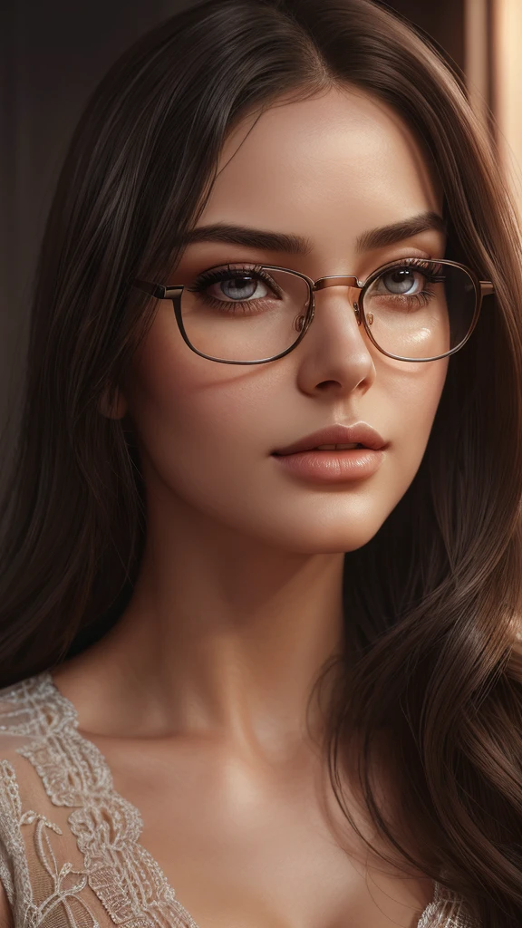 a woman wearing stylish glasses, beautiful detailed eyes, beautiful detailed lips, extremely detailed face, long eyelashes, intricate hairstyle, soft lighting, cinematic composition, digital art, highly detailed, photorealistic, 8k, (best quality:1.2), (realistic:1.37), gorgeous lighting, warm color tones, chiaroscuro lighting