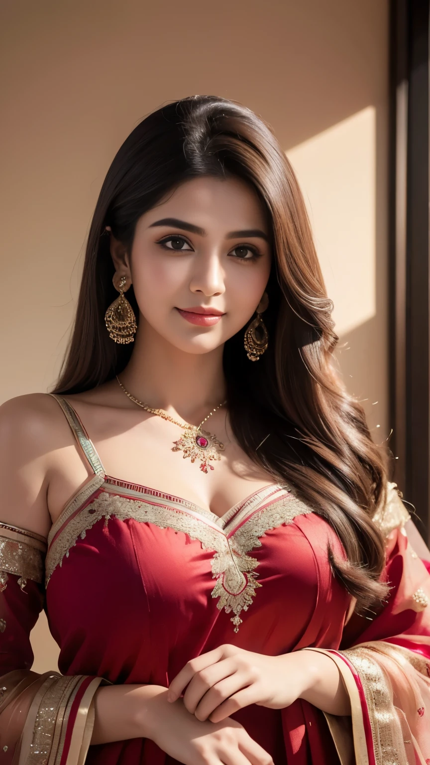 (best quality,4k,8k,highres,masterpiece:1.2),ultra-detailed,(realistic,photorealistic,photo-realistic:1.37),beautiful detailed eyes,beautiful detailed lips,extremely detailed eyes and face,longeyelashes,1girl,desi girl,gujrati girl,perfect face,dark long hair,traditional indian clothes,looking towards the camera,portrait,detailed henna patterns,vibrant colors,soft lighting,upper body shot, more focus on the face,light smile,