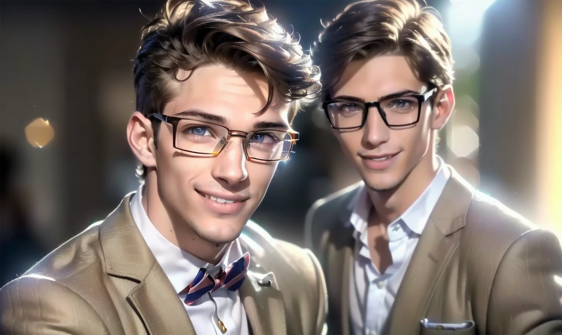 "((highly detailed, detailed eyes, detailed face, clear and realistic facial features, photorealistic, realistic light; cinematic)), (1 man), ((((sexy beautiful male nerd aged 18)))), (((ugly glasses))), ((lopsided smile)), ((smiling eyes)), (((slender body))), (brown hair), (light brown eyes), (((dressed in nerdy clothes)))."
