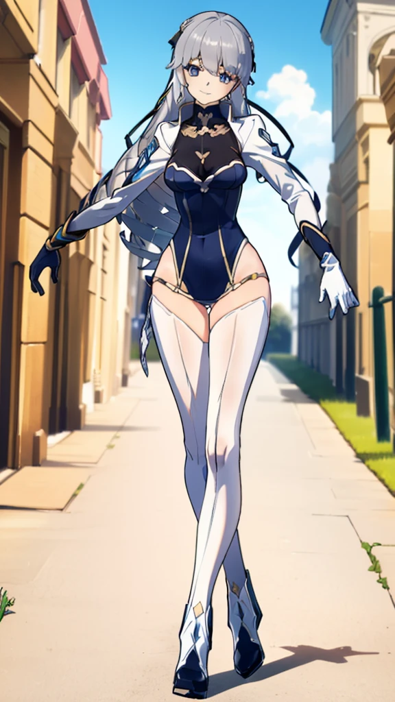 (full body),masterpiece, Highest quality, High resolution, One girl, alone, Grey Hair, Blue eyes, ( bodysuit，leotard，headset，ribbon，No sleeve, White gloves, Knee-high boots), Cowboy Shot,Strike a Pose， smile, Outdoor，Thick thighs，