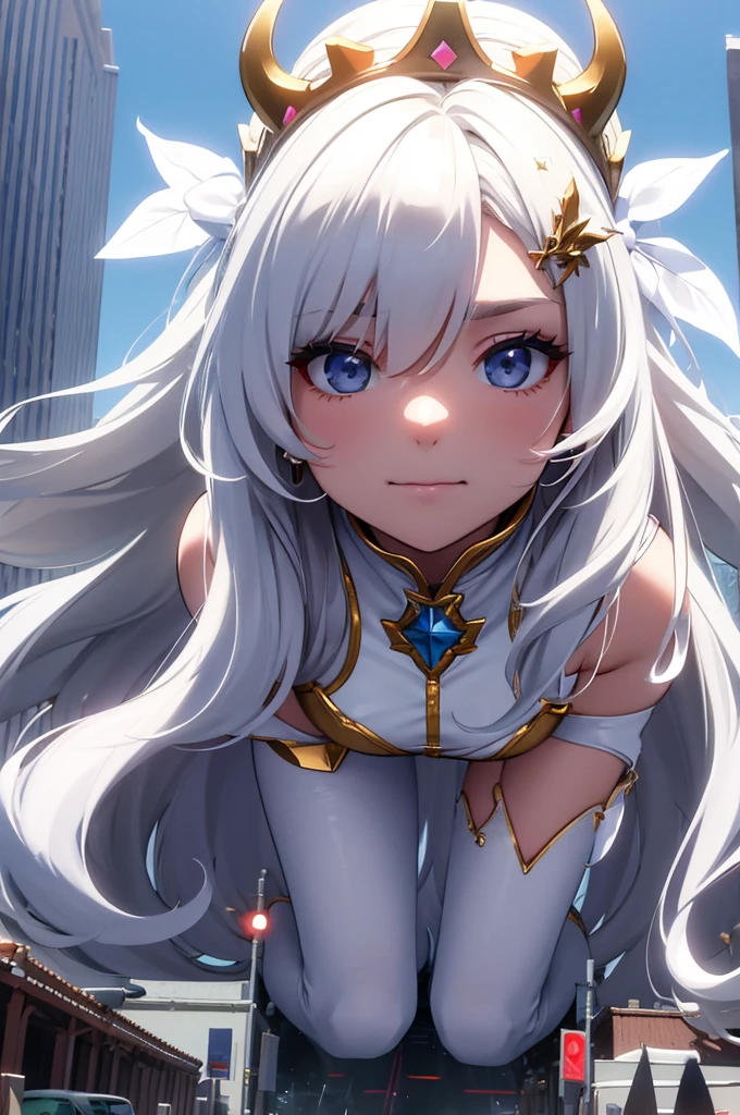 Giant Girl 50,000 feet high，Weight 1000 kg，Have a pair of long legs，Like a demon queen who is pregnant for ten months，Smirking and rubbing her belly，How many pairs of devil wings are there?，Wearing a crown symbolizing the devil，Wearing white earrings，She has long white hair.，Loose hair，White long wavy hair，Wearing a pair of white boots，White sleeves，Wearing white lace pantyhose，Bow and star embellished tights，白色蕾丝whole body，Beautiful appearance，Exquisite makeup，quality，8k，高quality，Perfect proportion, Cinema Lighting，Film Grain，Fuji Color，8k，Textured Skin，Super Detail，High Detail，high resolution，charming，Lying in the city，Trampling destroys the city，Blood，脚底有Blood，whole body，fat