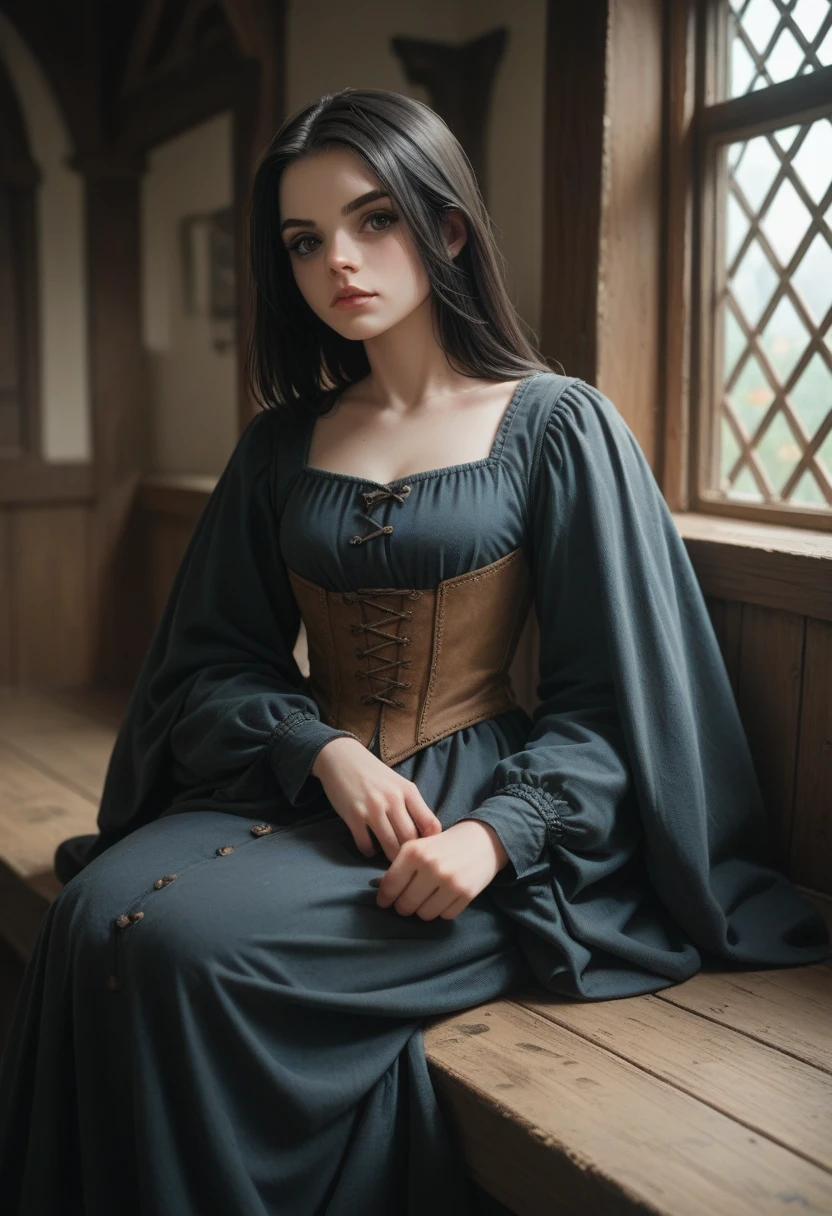 girl, black hair, brown eyes, medieval style, black raven sitting on her shoulder