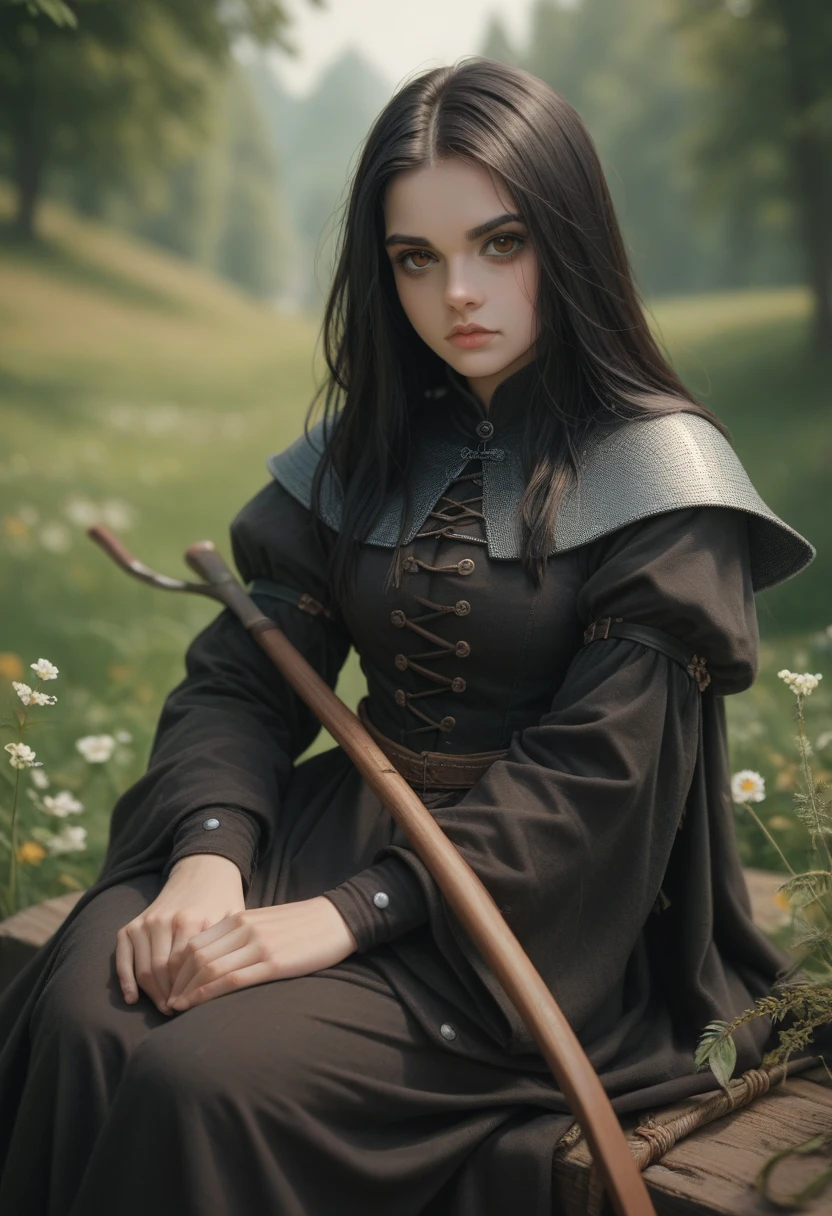 girl, black hair, brown eyes, medieval style, black raven sitting on her shoulder