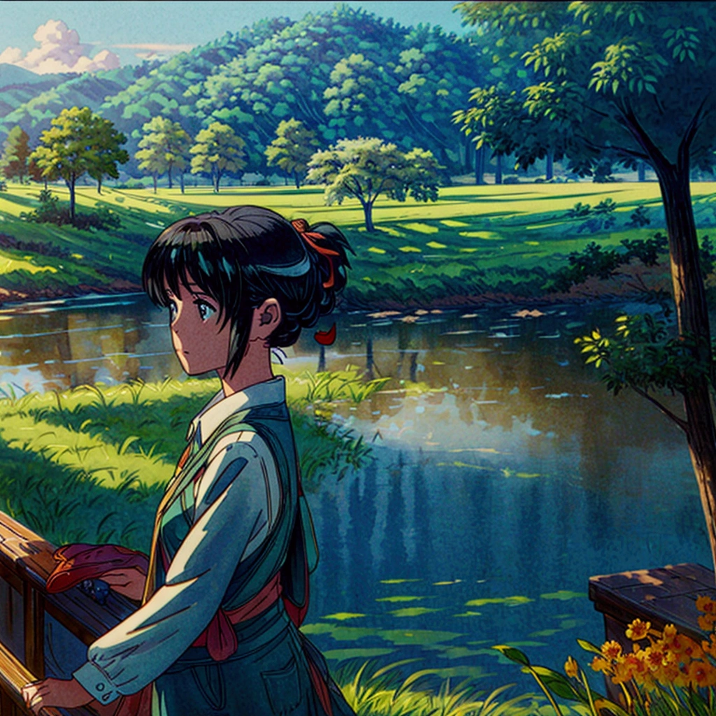 A loving couple stands in a serene lake, surrounded by a vast, green grass field. They gaze into each other's eyes, sharing an intimate and tender moment. The photograph is captured with a wide perspective, giving a sense of distance and grandeur, yet the camera focuses sharply on them, making the surrounding landscape slightly blurry. The couple's clear and detailed depiction contrasts with the soft, oil or watercolor-like effect on the grass and trees. The sky is clear and expansive, with beautiful clouds adding to the scenic atmosphere. The overall image is breathtakingly scenic, with an emphasis on the natural beauty of the landscape and the couple's connection. The photograph is rendered in ultra-high-definition, 16k resolution, ensuring every detail is crisp and vivid, making it the best and most stunning image possible.