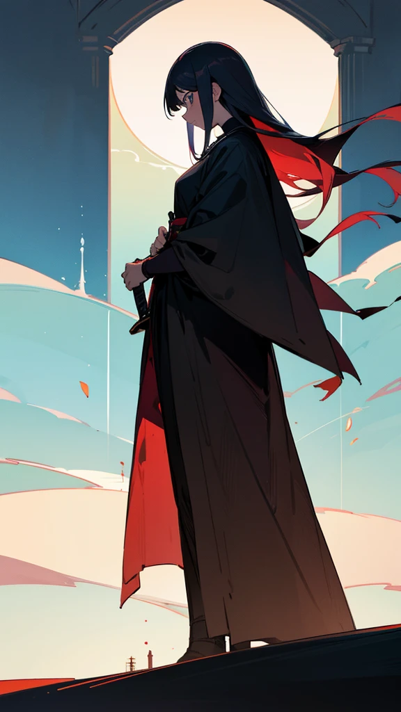 a full-length girl stands in profile in the distance with her head bowed and clutches a sword in her hand pulled back