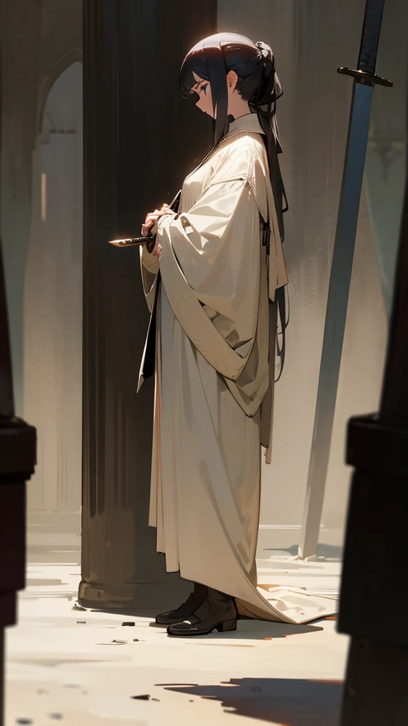 a full-length girl stands in profile in the distance with her head bowed and clutches a sword in her hand pulled back