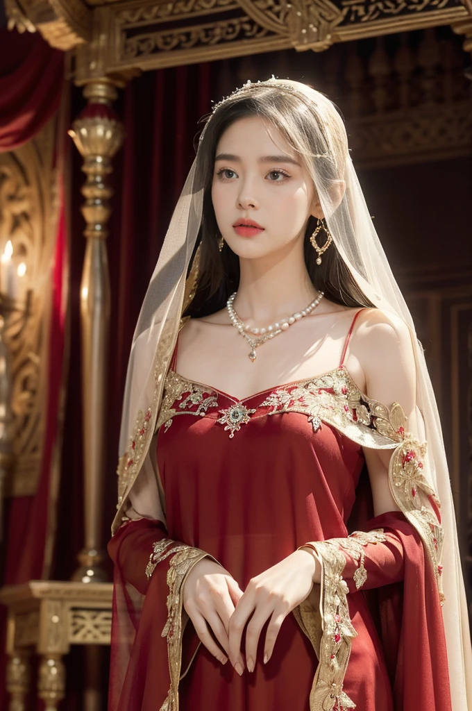 (((best quality))),(((ultra detailed))),(((masterpiece))),illustration,((1girl,Arabian dancer,solo)),(red hijab:1.3),((slim,thin)),((small breasts,flat chest)),((earrings,necklace)),((pearls,jewels,gemstones)),(night scene:1.3),(standing:1.3),(arms behind back:1.2),(in luxurious palace:1.3),(indoor:1.3),(gorgeous embroidered red sheer abaya:1.3),intricate patterns,((Arabian theme,Middle Eastern culture)),(shoulder length straight hair:1.2),(sheer veil on face:1.3),mystery, ornate furnishings, decorations, enchantment, magic, Persian magic carpet,night sky, floating,flame, fulfillment of desires,romance,One Thousand and One Nights, coherent narrative, dreamlike atmosphere, deep emotions, graceful movements, passion, face beneath the veil, beloved's dream, timeless beauty, enchantment,magical world, wondrous journey,((from front,upper body))