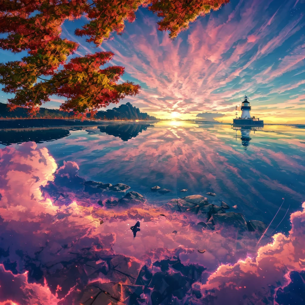 Sea view, Lighthouse,evening,Colorful anime movie background, Floating bubbles, escaping air bubbles, Anime Background art, Dreamy psychedelic anime, Beautiful anime scene, Beautiful anime scenery, Anime Background, autumn leaves,