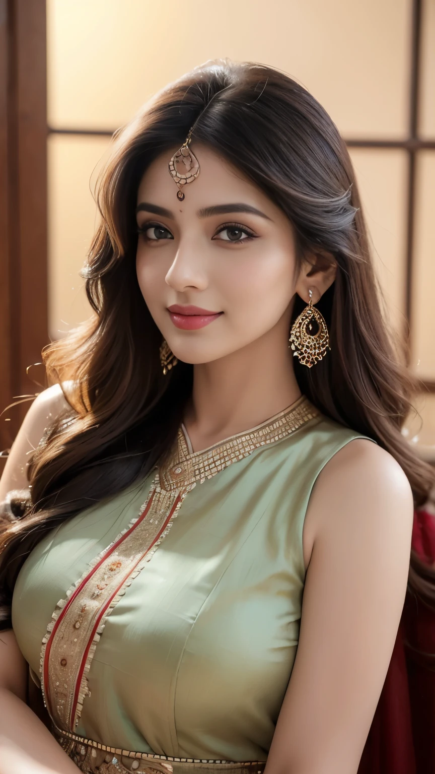 (best quality,4k,8k,highres,masterpiece:1.2),ultra-detailed,(realistic,photorealistic,photo-realistic:1.37),beautiful detailed eyes,beautiful detailed lips,extremely detailed eyes and face,longeyelashes,1girl,desi girl,gujrati girl,perfect face,dark long hair,traditional indian clothes,looking towards the camera,portrait,detailed henna patterns,vibrant colors,soft lighting,upper body shot, more focus on the face,light smile,