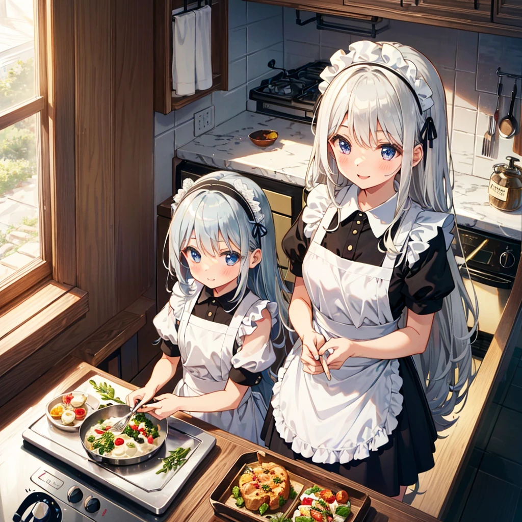 Two girls, maid clothes, maid headband, cooking, from above,
(((very girl))), (()), (silver hair), (blond hair), (very long hair), smile,
