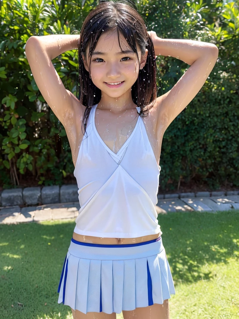 (best quality:1.2), masterpiece, Realistic, Ultra-high resolution, ((a beautiful Japanese idol woman:1.2)), (Gaunt:1.3), (((Very flat chest:1.4))), ((Baby Face)), ((upper body)), (nup, cheerleader:1.2), (show me your armpit:1.2), (sweaty armpit:1.1), ((Armpits are wet and shiny with sweat)), She has skin that sweats easily Soaking wet, Sweaty, (I can see my pores:1.2), topless, solo, smile, standing, looking at viewer,