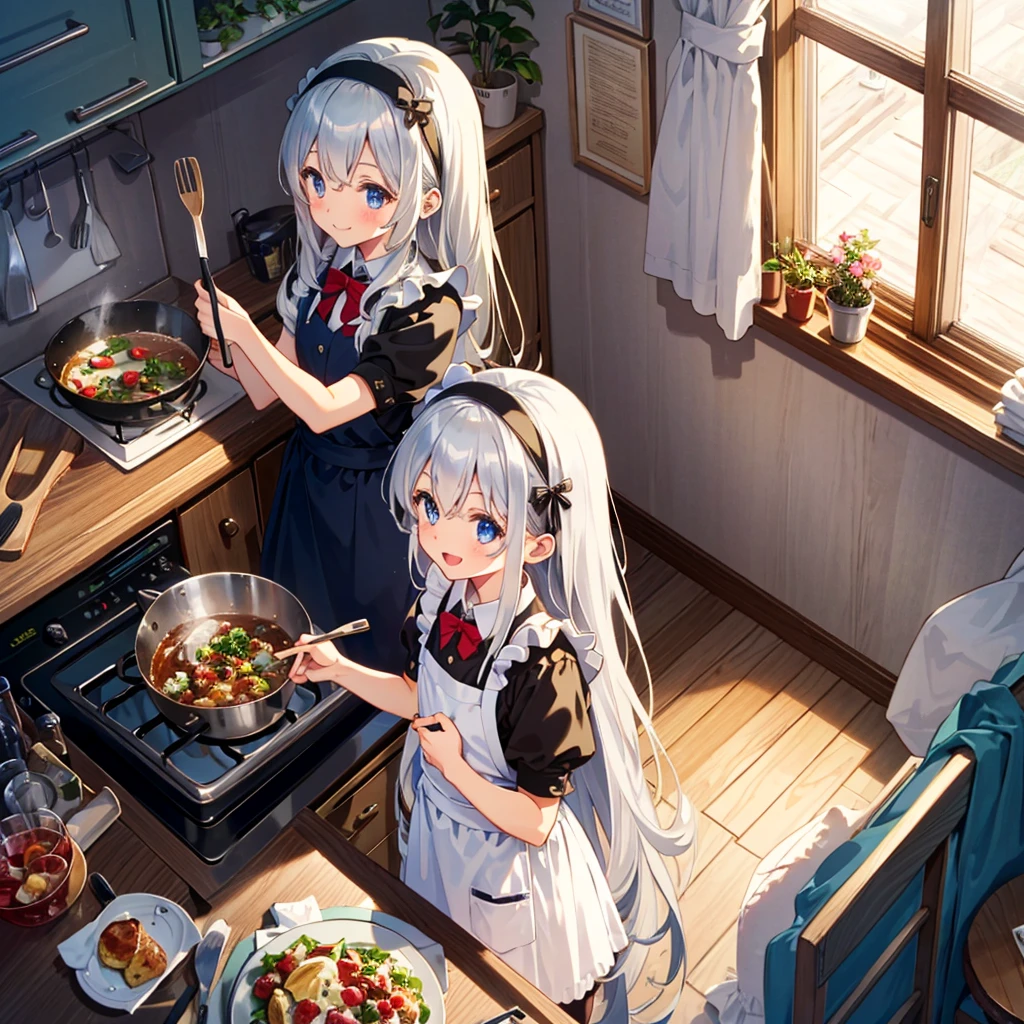 Two girls, maid clothes, maid headband, cooking, from above,
(((very  girl))), ((7 years old)), (silver hair), (blond hair), (very long hair), smile,