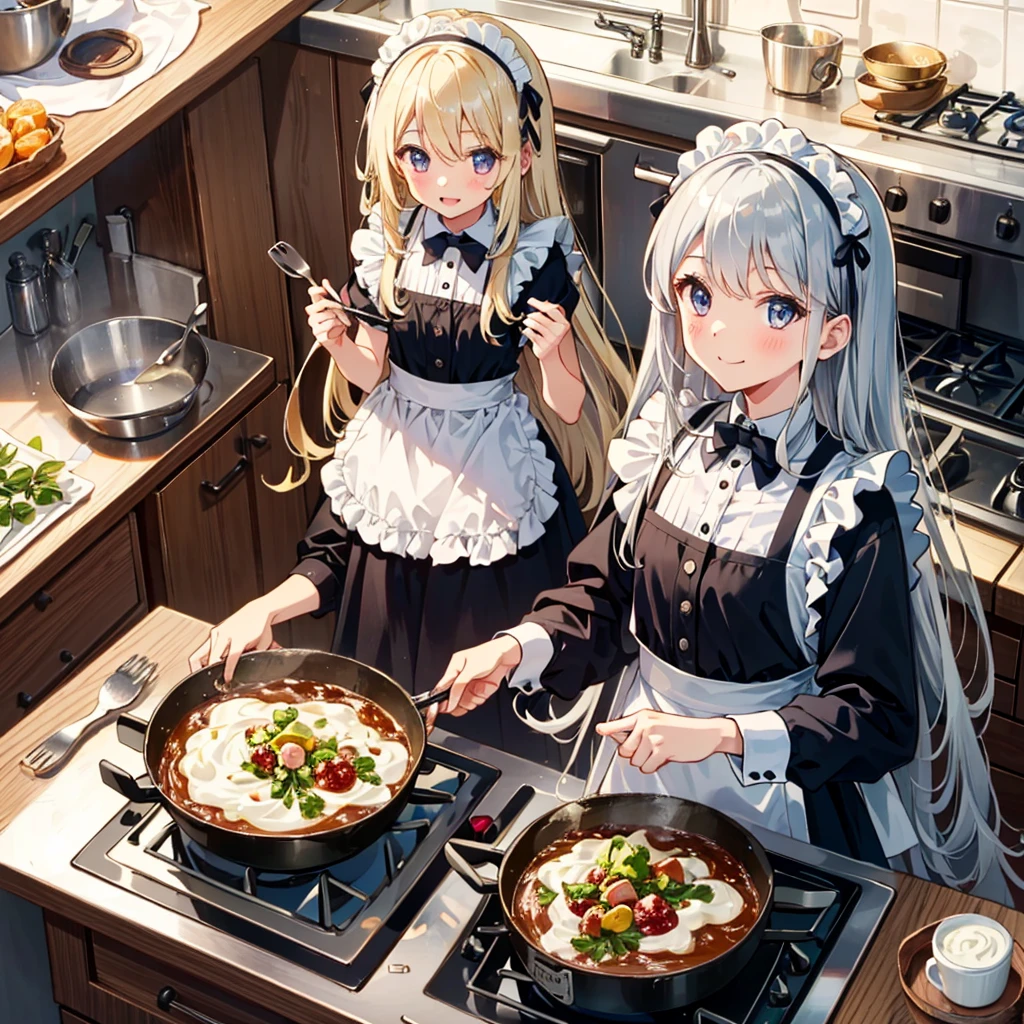 Two girls, maid clothes, maid headband, cooking, from above,
(((very girl))), ((s old)), (silver hair), (blond hair), (very long hair), smile,