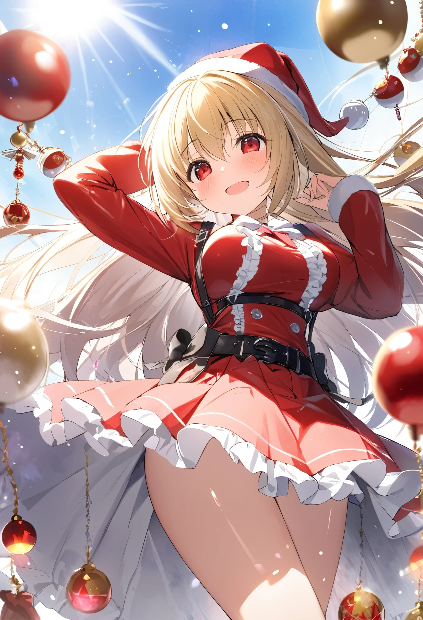 ((2D beautiful girl、top-quality、Perfect Finger 1.5、Perfect Anatomy 1.5、extremely delicate and beautiful illustration))、(Blur the background:1.3、(transform sequence)、((santa leotard))、14years、(beautiful slender girl)、Fractal Art、baby-face、((stright long hair))、Beautiful big drooping eyes:1.1、Small, open-mouthed smile、(Full body depiction:1.1)、(1 persons)、Christmas Party、Cat's ears、leotard、christmas leotard、(tights)、