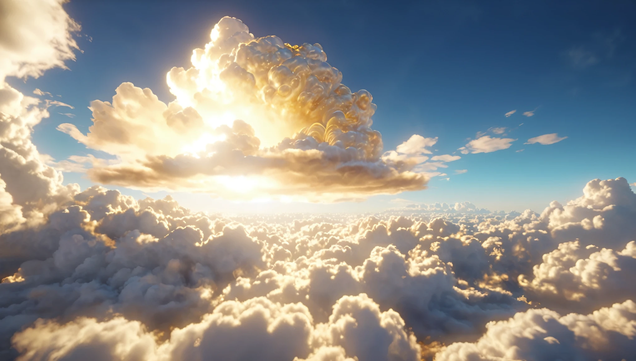 Hyperrealism, Cloud World, The flying lights, Detailed decorative image of a golden cloud heaven, In heaven, masterpiece, Highest quality, Very detailed, (Realistic), Very delicate and beautiful, Depth of written boundary, Film Grain, Professional Lighting, Photon Mapping, Radio City, Physically Based Rendering,