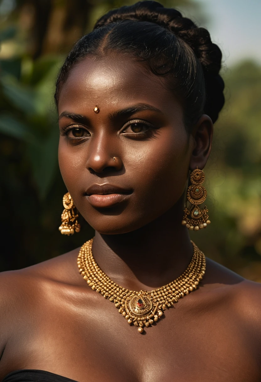 (( kerala ancient dark black goddess))), (((mundu-mulakacha))) ,(((dark skinned goddess))) cinematic nature portrait,(((full Body))), (((very dark skinned curvy body))), (((******+))), (((((very dark nipple and areola))))) (((plus size voluptuous))), (((huge busty big massive dark boobs))), (((triangle shape body))), (((ancient traditional devi attire))),((kerala ornaments, gems, diamond,Nose Stud)), ((Hourglass body)), photorealistic,photo, realism, Getty Images, RAW candid cinema, 16mm, colour graded portra 400 film, remarkable colour, ultra realistic, textured skin, remarkable detailed pupils, realistic dull skin noise, visible dark skin detail, skin fuzz, dry skin, shot with cinematic,light leaks, RAW Image, DOF, depth of field, High-resolution detail capturing the natural texture of the skin, including pores, fine lines, and natural highlights and shadows, Emphasize a natural, healthy glow, showcasing the beauty of real dark skin, A graceful, confident posture with a gentle smile or a serene expression