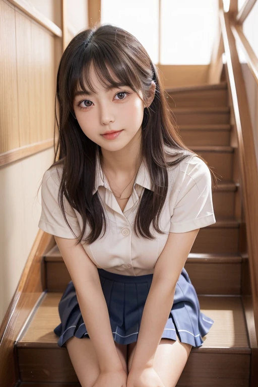 ((Upper body nude))、((Upper body nude))、((Show your boobs))、((Detailed images of the skirt))、 ((Detailed images of the skirt))、Highest quality, masterpiece, Ultra-high resolution, (Realistic:1.4), RAW Photos, Full Body Shot, Front view, From below, One Girl, The most famous Japanese idols, Crouching on the stairs, ((Wear a Japan high school uniform)), (Very cute face like the most popular Japanese idol, (Very beautiful big eyes)), Very beautiful hair, Very beautiful skin, Very beautiful long eyelashes, Very beautiful lips, Very beautiful short body, Very beautiful thighs, An innocent smile, View your audience, Dynamic pose, Detailed play area, ((Detailed matching of Japanese high school uniforms)), ((Detailed images of the skirt)、)((Detailed images of the skirt))、((Detailed images of the skirt))