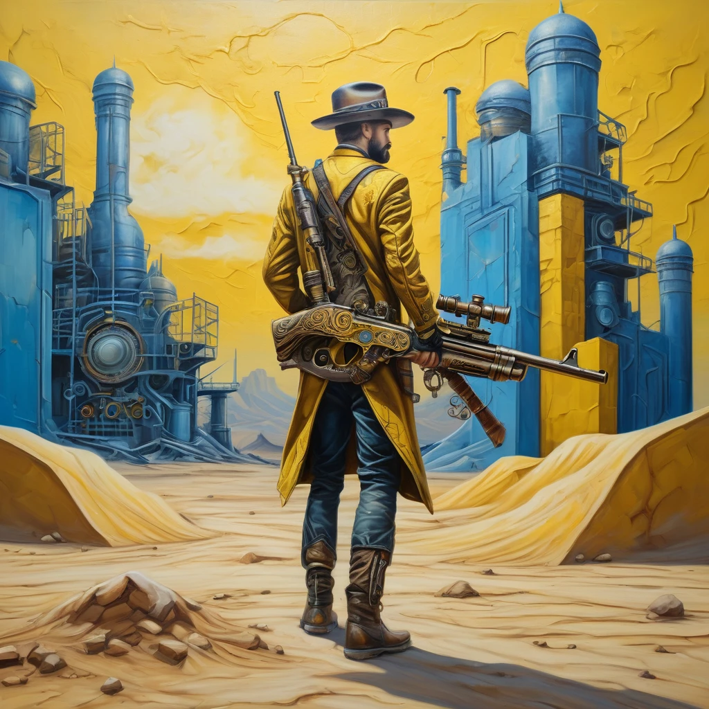 oil on canvas, ornate rifle, tattoo style composition, artistically arranged elements, high relief textured, steampunk man in the desert walking alone, construction, construction site, building, azul e amarelo, floor, minimalist impressionism, 8k, 4D