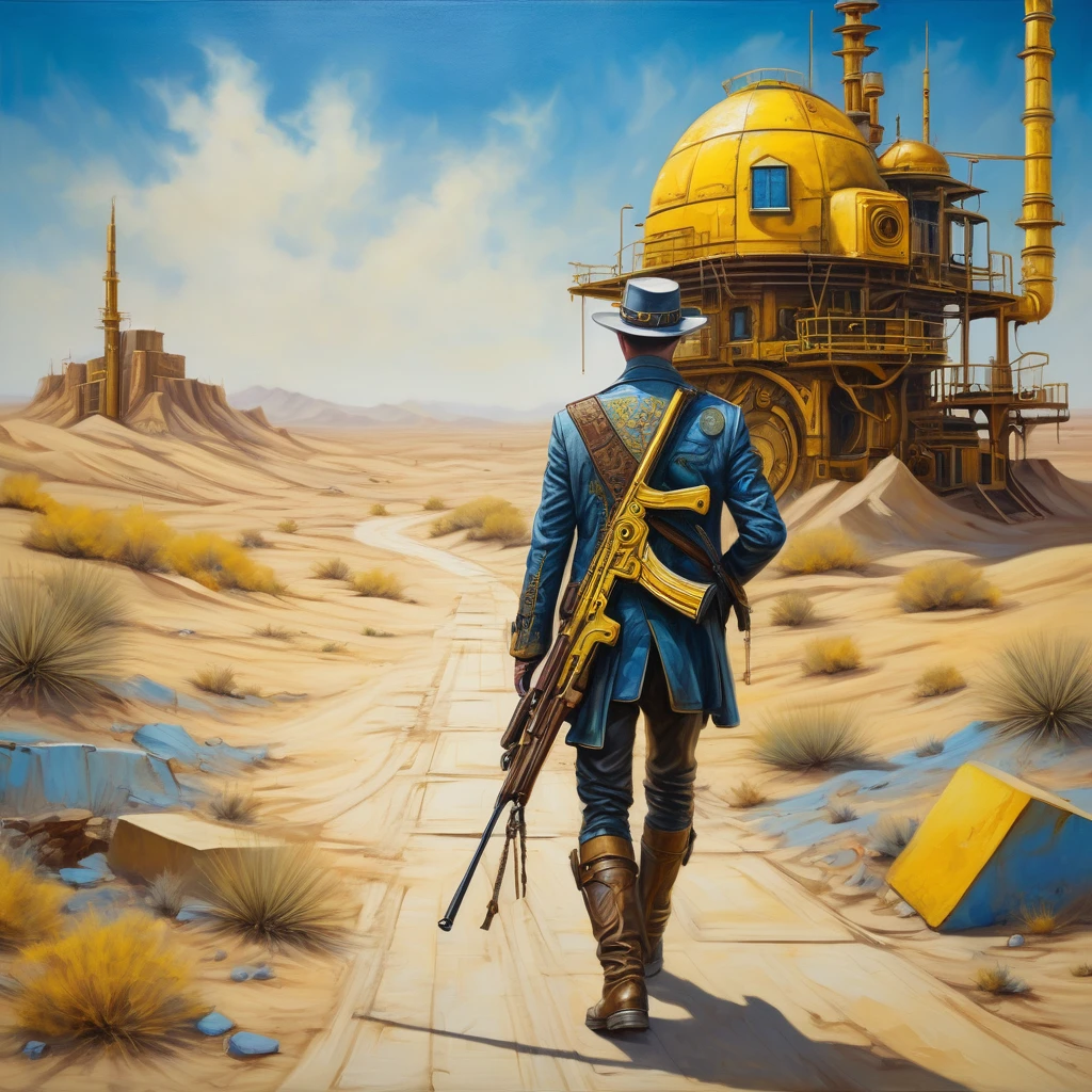 oil on canvas, ornate rifle, tattoo style composition, artistically arranged elements, high relief textured, steampunk man in the desert walking alone, construction, construction site, building, azul e amarelo, floor, minimalist impressionism, 8k, 4D