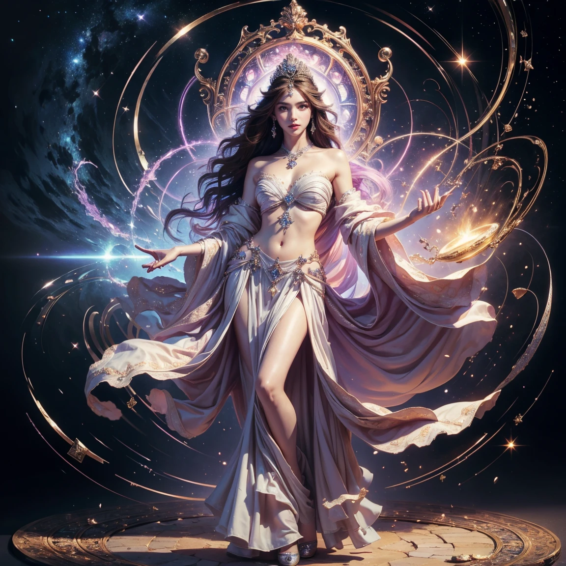 (masterpiece, highest quality), ultra detailed, high resolution, 16k, the most beautiful face in the world, highly detailed beautiful face and eyes, shiny skin, fine cloth texture, Perfect limbs, perfect anatomy, BREAK, (the incarnation of beauty:1.3), (goddess of beauty:1.3), (gorgeous and stunning princess:1.3), perfect make-up, deeply in love, full of elegance. solo, (full body:1.5), aura, moonlight magic, V0id3nergy, starry sky