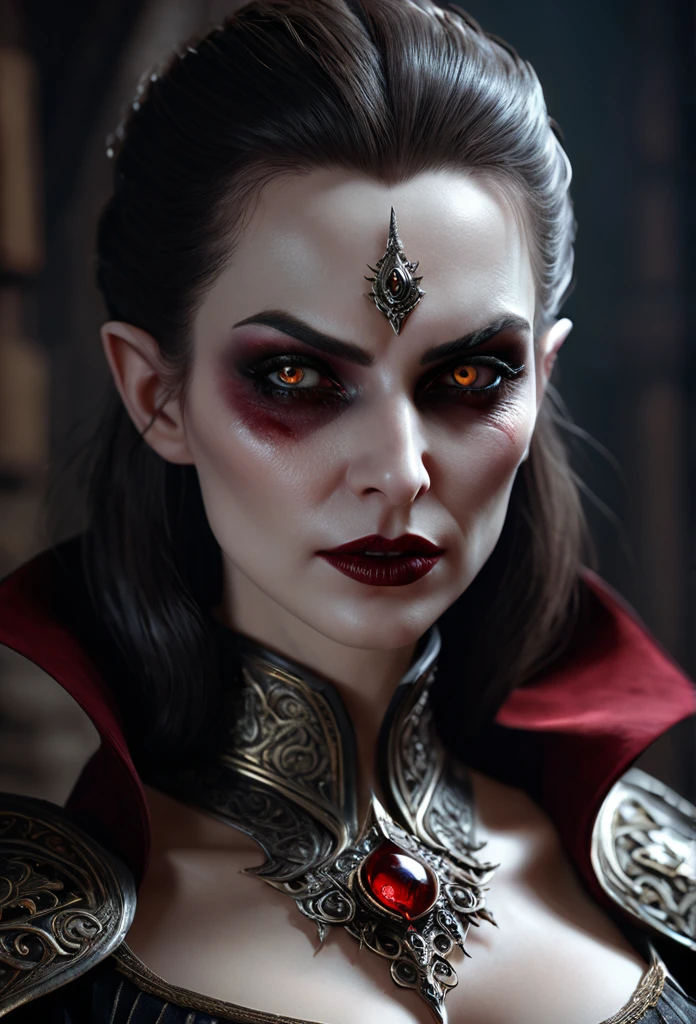 Female superior ancient Strigoi vampire, horror, (Artstation:1.1), (intricate:1.1), (great eye detail:0.7), solo, female, looking at viewer, photorealistic, 8k, unreal engine, inspired by Bram Stoker, half body portrait, highly detailed,